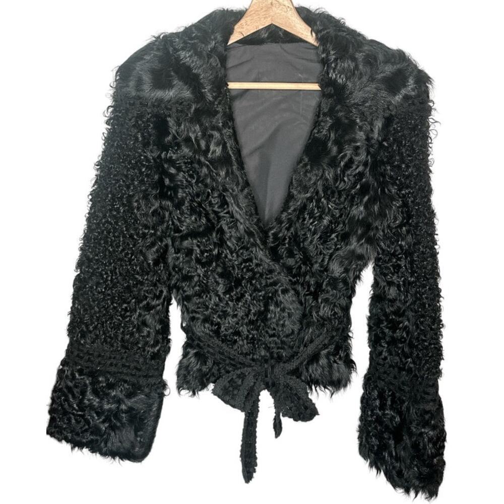 Black Sheep Skin V-Neck Tie Waist Short Jacket Size 42 US S